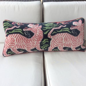 Clarence House pillow cover in Navy, Lime and Hot Pink "Tibet Dragon"