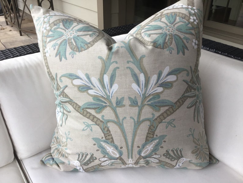 THIBAUT \u201cPeacock Garden\u201d in aqua and beige pillow cover