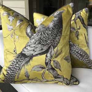 Zoffany Darnley Toile Velvet Pillow Cover, Chartreuse Gray Bird Scene, 22x22