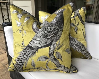 Zoffany Darnley Toile Velvet Pillow Cover, Chartreuse Gray Bird Scene, 22x22