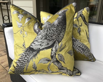 Zoffany  DARNLEY TOILE VELVET in Chartreuse and gray BirdScene Pillow Covers, Choose Scene, Gray Velvet Back and Cording, 22x22