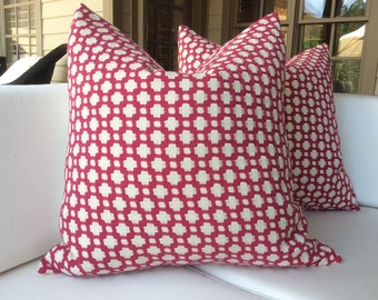 Schumacher “Betwixt” in “Magenta and Natural pillow cover with Coordinating Linen Backing