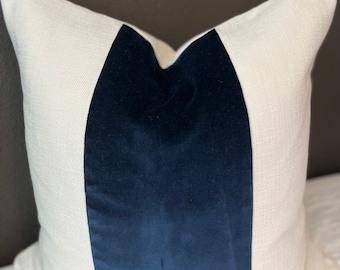 Classic Midnight Blue Velvet Panel with Oatmeal Linen Pillow Cover