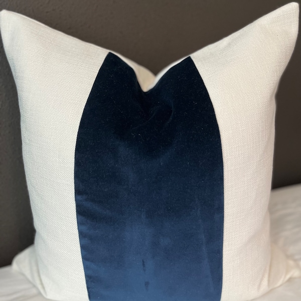 Classic Midnight Blue Velvet Panel with Oatmeal Linen Pillow Cover