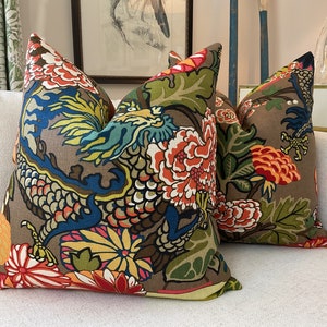 Schumacher Pillow Cover in &quot;Chiang Mai Dragon&quot; Mocha  Linen,