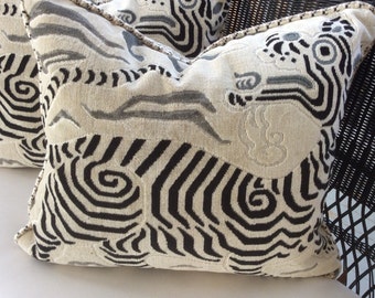 Clarence House Pillow Cover in White, Taupe & Black Tibet Dragon Design  23x20,