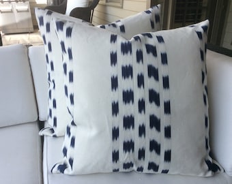 Schumacher "Izmir Stripe" in indigo pillow covers