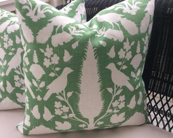 Schumacher "CHENONCEAU" Pillow Cover in Aloe Green and White Linen