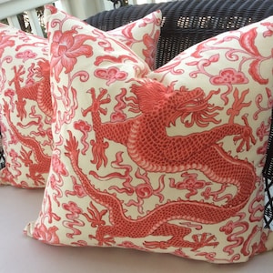 Scalamandre Pillow Cover in Chien Dragon In persimmon- Linen, Coordinating Cream Woven Backing