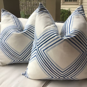 Schumacher pillow cover in “SQUARE DANCE” in blue and white Coordinating Linen Backing