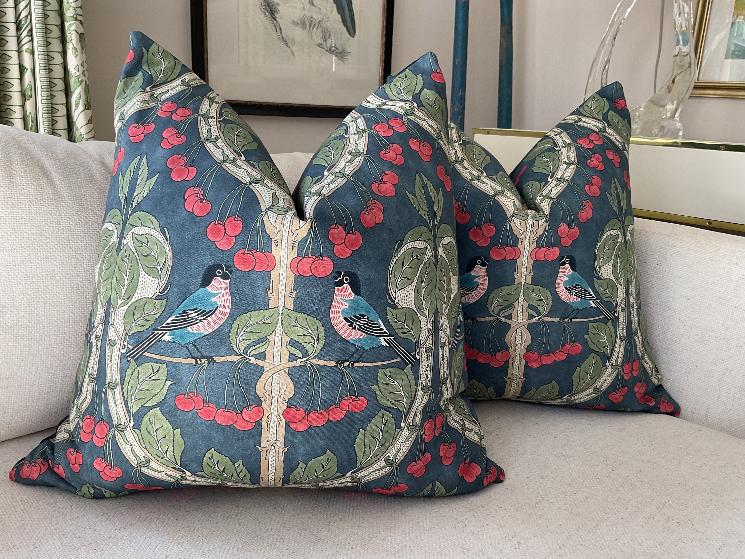 GP and J Baker “Birds and Cherries" In indigo blue Pillow Cover(s)
