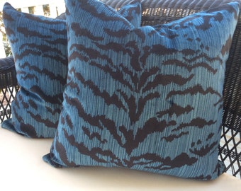 Scalamandre pillow cover  in Ocean Blue and Black "Le Tigre" Velvetv- black velvet Backing