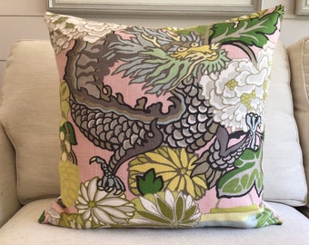 Schumacher Pillow Cover in Chiang Mai  Dragon Alabaster  Linen,  Dragon Face