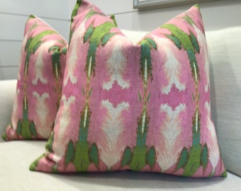 LAURA PARKS “Cabana Pink” pillow covers in soft pink and lime green