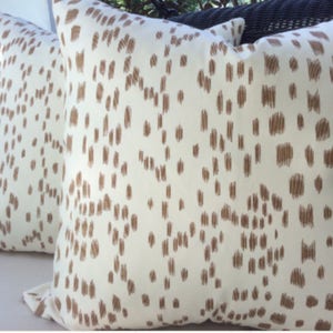 Brunschwig and Fils Pillow Cover in tan and soft white Les Touches Design, off White Linen Backing