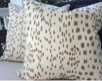 Brunschwig and Fils Pillow Cover in tan and soft white Les Touches Design, off White Linen Backing