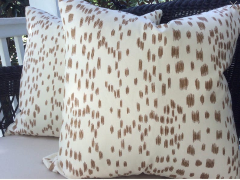 Brunschwig and Fils Pillow Cover in tan and soft white Les Touches Design off White Linen Backing