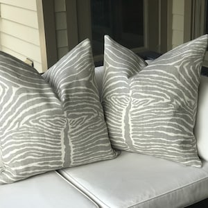 Brunschwig and Fils “Pewter”Le Zebre greige and off white pillow covers