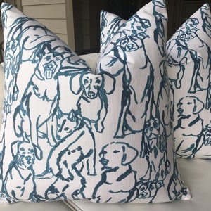 Funda de almohada con estampado de perro color turquesa, tela estampada a mano.