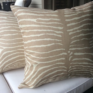 Brunschwig and Fils “Beige”Le Zebre tan and off white pillow covers