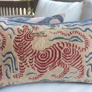 Clarence House Pillow cover in Tibet Dragon(tibet small scale red) )  with blue velvet back