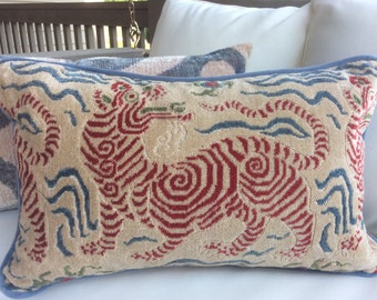 Clarence House Pillow cover in Tibet Dragon(tibet small scale red) )  with blue velvet back