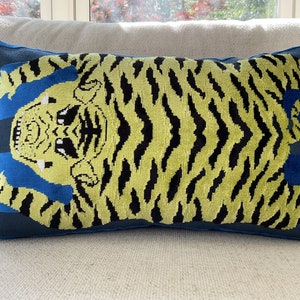 Jokhang Tiger by Schumacher and Johnson Hartig for Libertine in blue velvet pillow cover