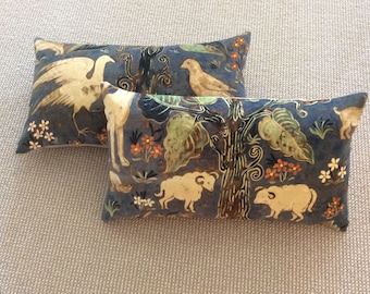 Zoffany “Arden” blue velvet animal scene covers. Brown velvet back.