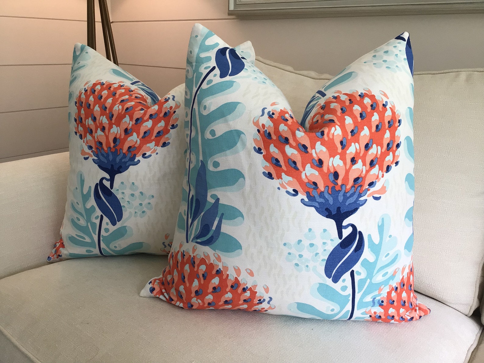 THIBAUT TIVERTON in Coral and Blue Floral Pillow Cover Etsy