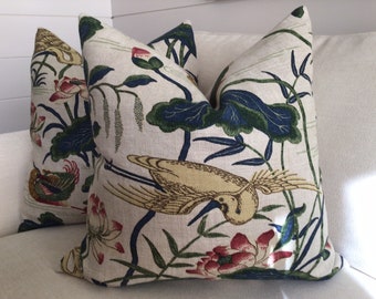 Heron and Lotus Flower Pillow Cover: Indigo, Pink Linen