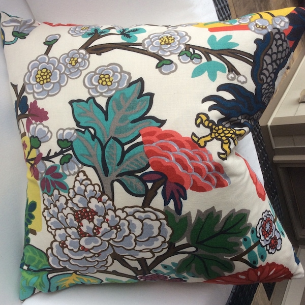 Schumacher Pillow Cover in Chiang Mai  Dragon Alabaster  Linen,  Floral Pattern