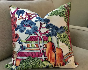 THIBAUT “Asian Scenic”in Coral and green pillow cover