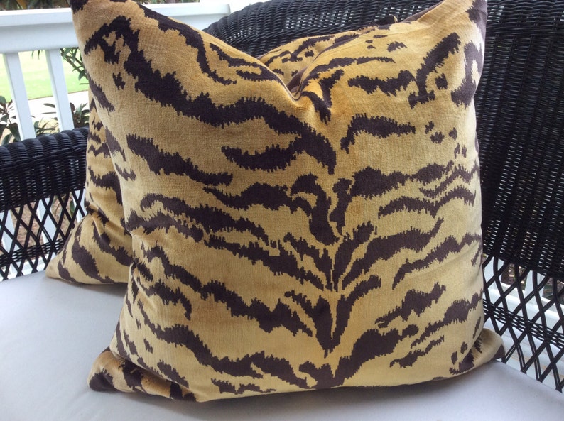 Scalamandre Pillow Cover in Le Tigre and Chocolate Velvet, image 1