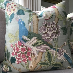 GP and J Baker "Hydrangea Bird"  Pillow Cover with robins egg blue Floral Linen-