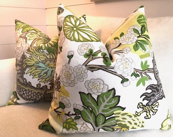 Schumacher Pillow Cover in Chiang Mai Dragon Citrus Linen, A Pair