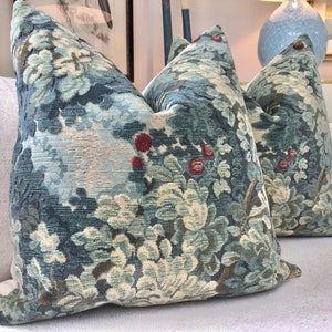 Scalamandre “Marly” verdure cut and uncut velvet covers in blue.
