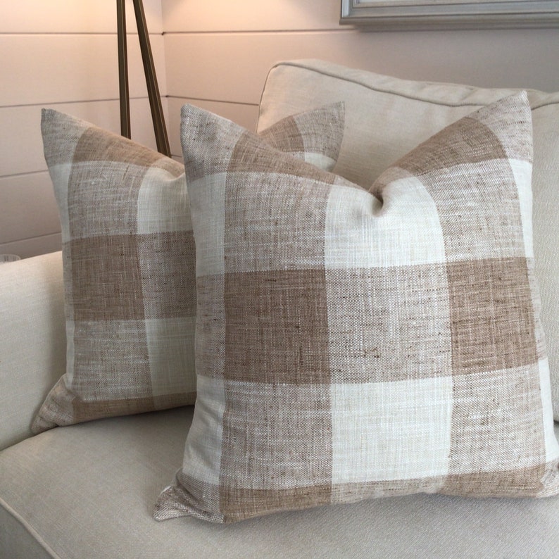 Buffalo Check linen pillow covers in soft tan harvest and off white image 2