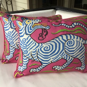 Clarence House pillow cover in Tibet Dragon hot pink Linen with  Hot pink cord and backing