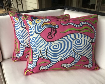 Clarence House pillow cover in Tibet Dragon hot pink Linen with  Hot pink cord and backing