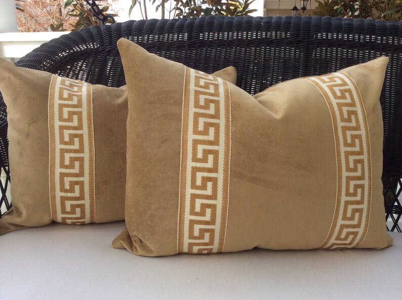 Sand Velvet Bolster Pillow Cover with Greek Key Trim Coordinating Sand Backing Choose Size Option