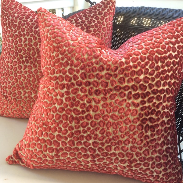 Colefax and Fowler Pillow Cover in "Wilde" red and Pink  Raised Velvet, Tan Velvet Backing