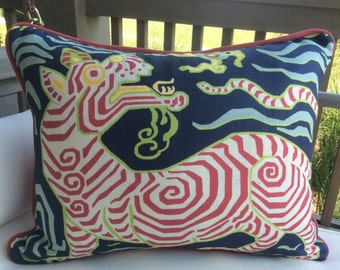 Clarence House Tibet Dragon Pillow Cover: Navy Linen, Raspberry Cord