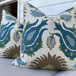 May include: Two decorative throw pillows with a white background and a blue, green, and brown floral pattern.