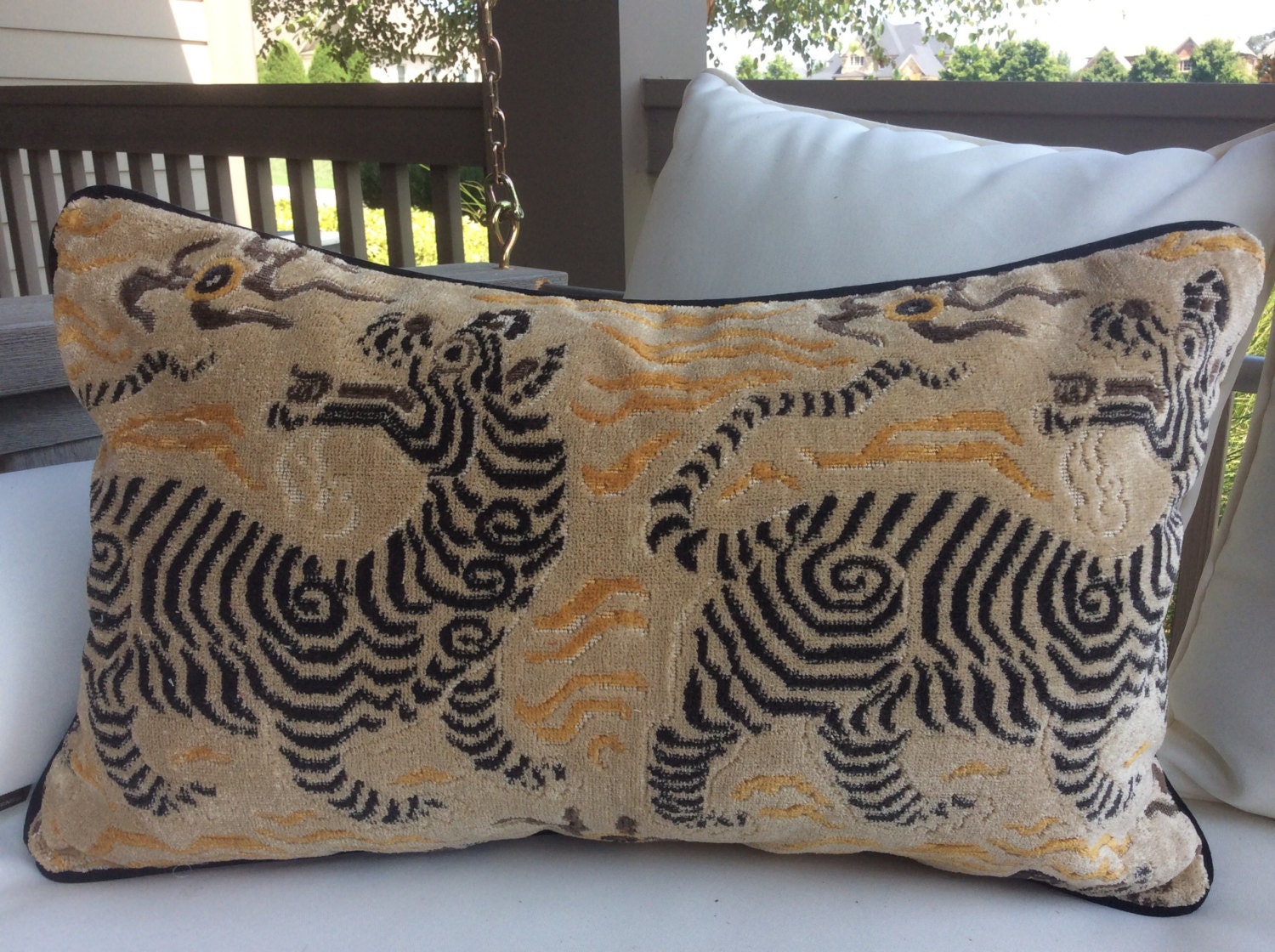 Clarence House Tibet Dragon Velvet Cushion in Mustard