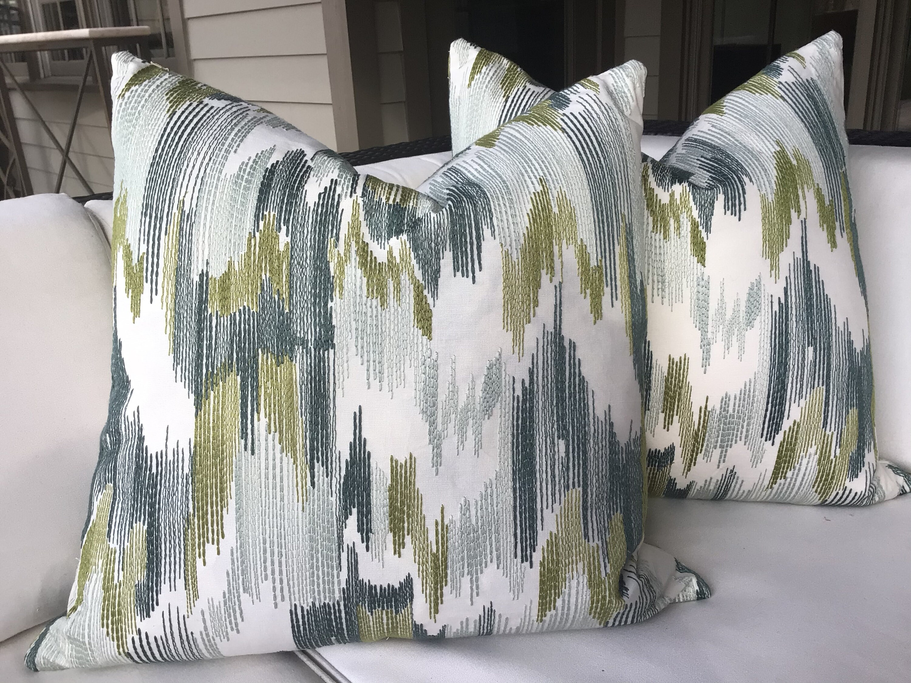 Outrageous Patterns FABRICUT “OUTRAGEOUS” Embroidered Pattern in Soft Blue and Green Pillow ...
