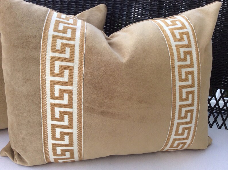 Sand Velvet Bolster Pillow Cover with Greek Key Trim Coordinating Sand Backing Choose Size Option