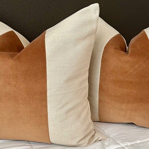 Classic Copper Velvet Panel with Oatmeal Linen Pillow Cover