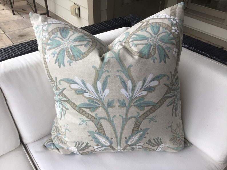THIBAUT \u201cPeacock Garden\u201d in aqua and beige pillow cover
