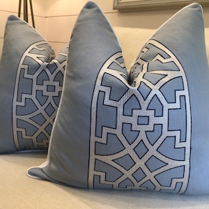 Schumacher Mary Mcdonald "Don't Fret" in sky  linen embroidery pillow cover!