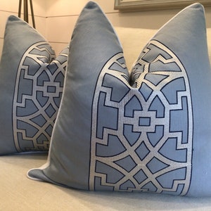 Schumacher Mary Mcdonald &quot;Don&#39;t Fret&quot; in sky  linen embroidery pillow cover!